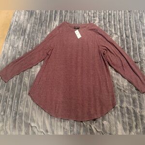 Lane Bryant Rib-Sleeve Curved-Hem Long Sleeve Crew Neck Top in Plum